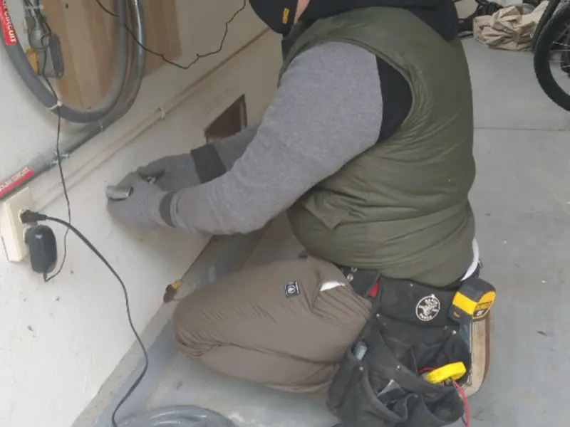 Electrician performing outlet wiring in a Holtville garage